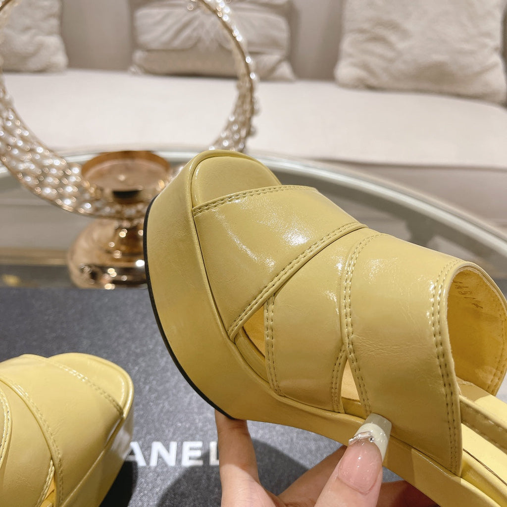 CHANEL sandals yellow patent crumpled lambskin