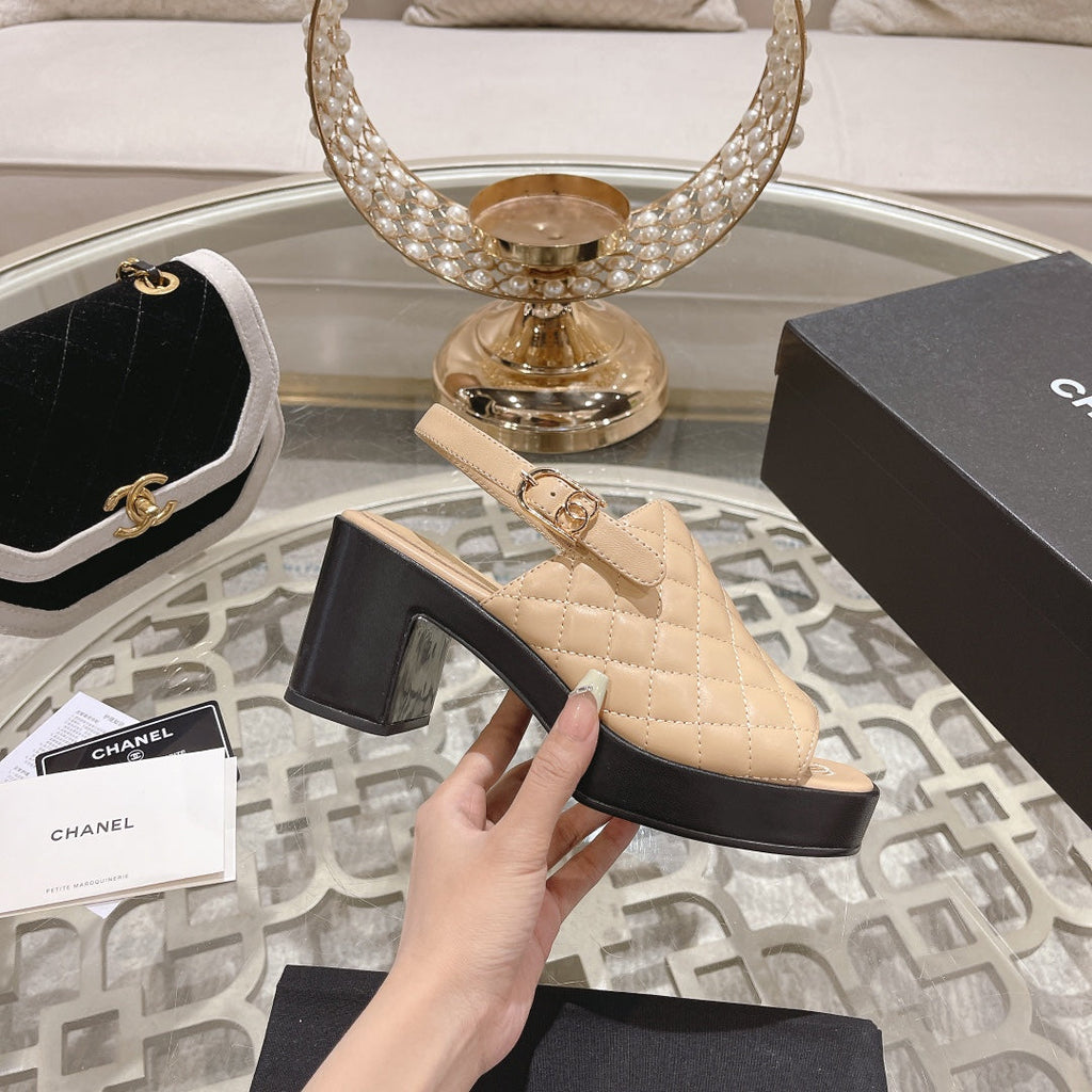 CHANEL Double C  Chunky Heel Peep-Toe Open Sandals Beige Cream Lambskin