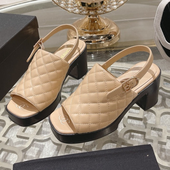 CHANEL Double C  Chunky Heel Peep-Toe Open Sandals Beige Cream Lambskin