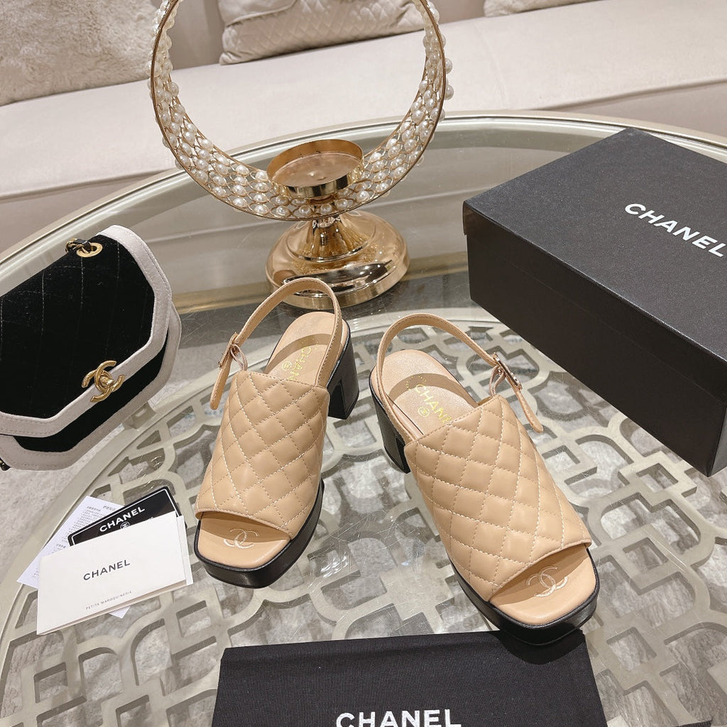 CHANEL Double C  Chunky Heel Peep-Toe Open Sandals Beige Cream Lambskin