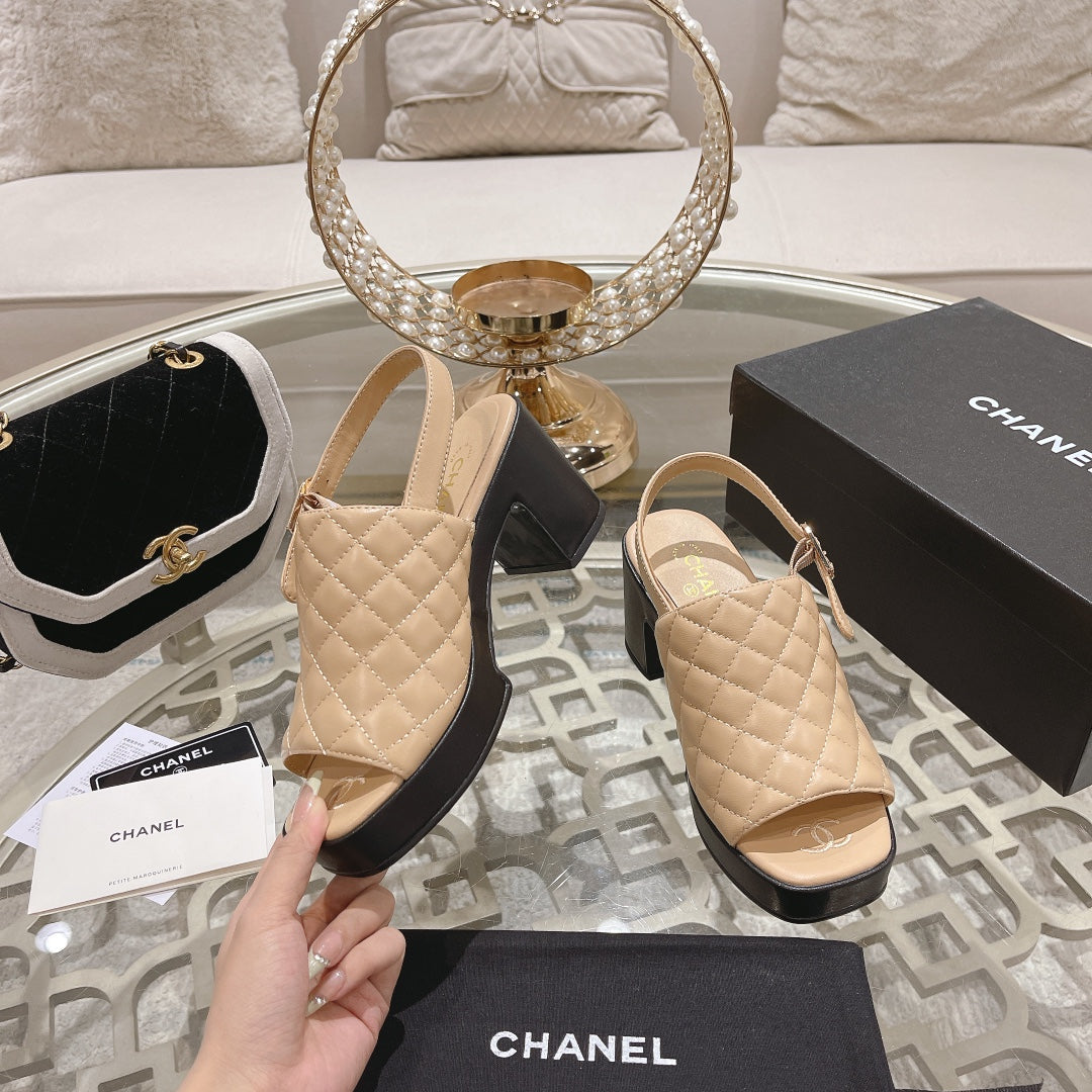 CHANEL Double C  Chunky Heel Peep-Toe Open Sandals Beige Cream Lambskin