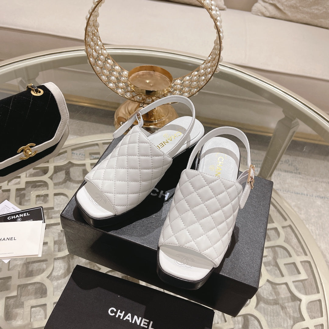CHANEL Double C  Chunky Heel Peep-Toe Open Sandals White Lambskin