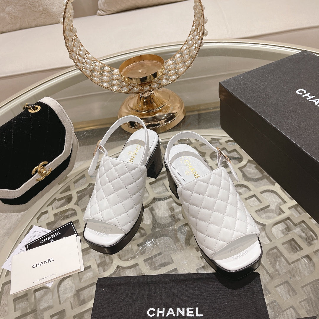 CHANEL Double C  Chunky Heel Peep-Toe Open Sandals White Lambskin