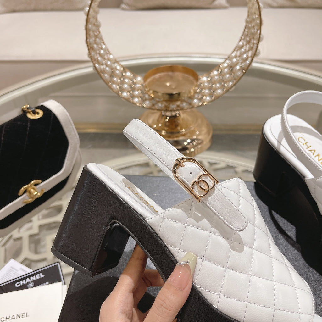 CHANEL Double C  Chunky Heel Peep-Toe Open Sandals White Lambskin