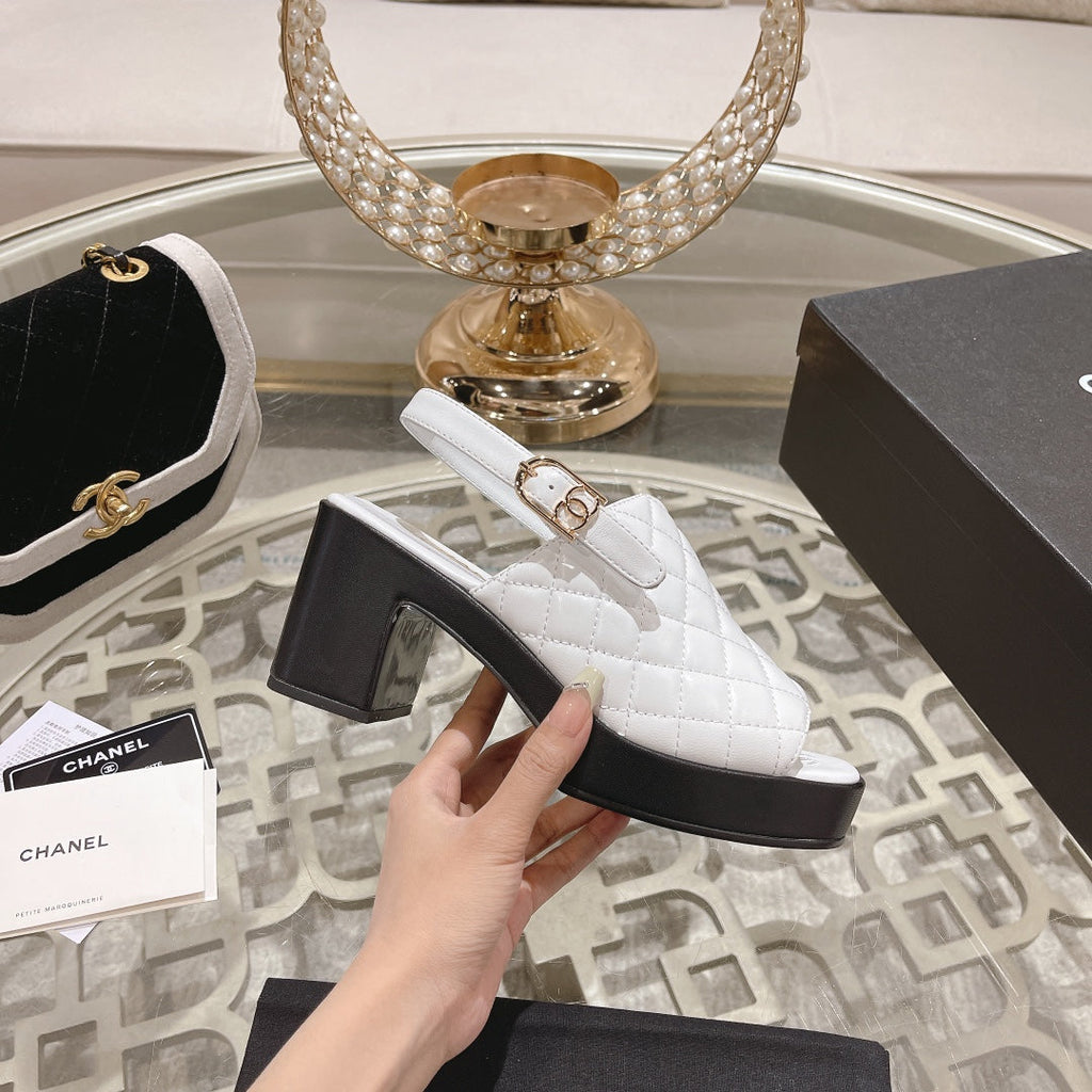 CHANEL Double C  Chunky Heel Peep-Toe Open Sandals White Lambskin