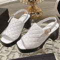 CHANEL Double C  Chunky Heel Peep-Toe Open Sandals White Lambskin