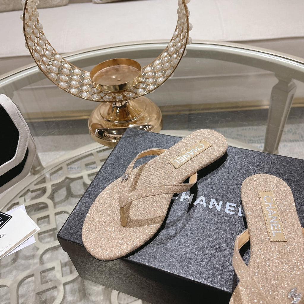 CHANEL Double  Rhinestone Flip  Flop Thongs Beige Cream Sheepskin