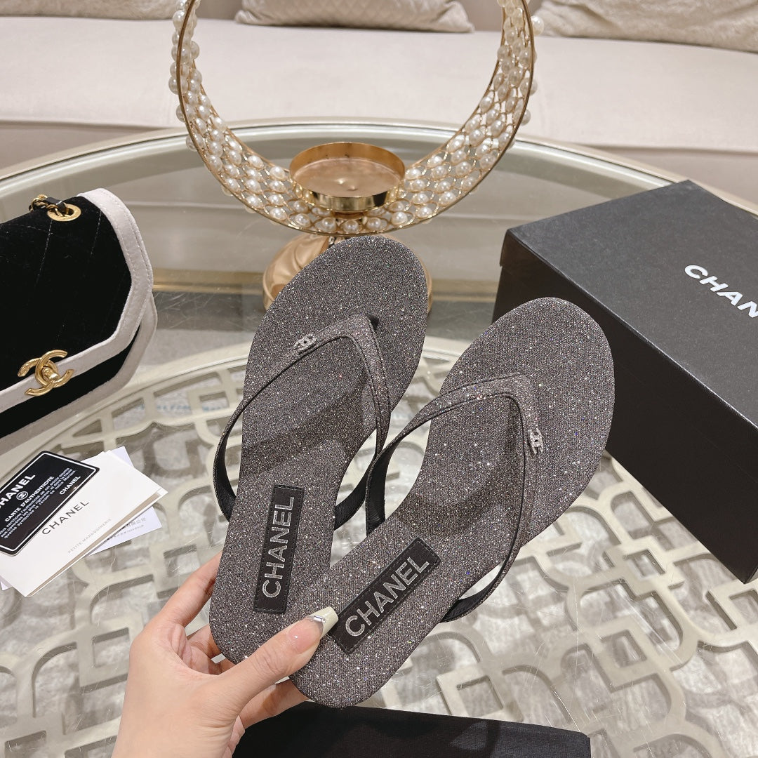 CHANEL Double  Rhinestone Flip  Flop Thongs Dark Gray Sheepskin