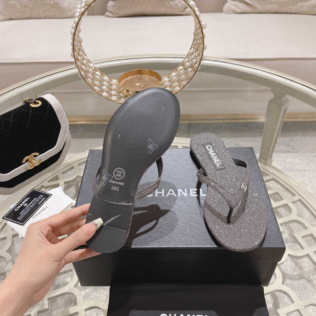 CHANEL Double  Rhinestone Flip  Flop Thongs Dark Gray Sheepskin