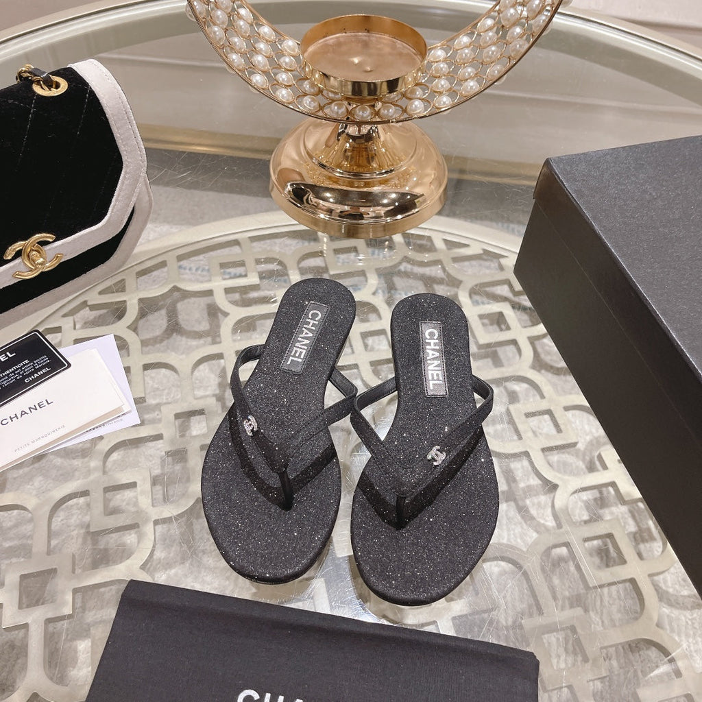 CHANEL Double  Rhinestone Flip  Flop Thongs Black Sheepskin