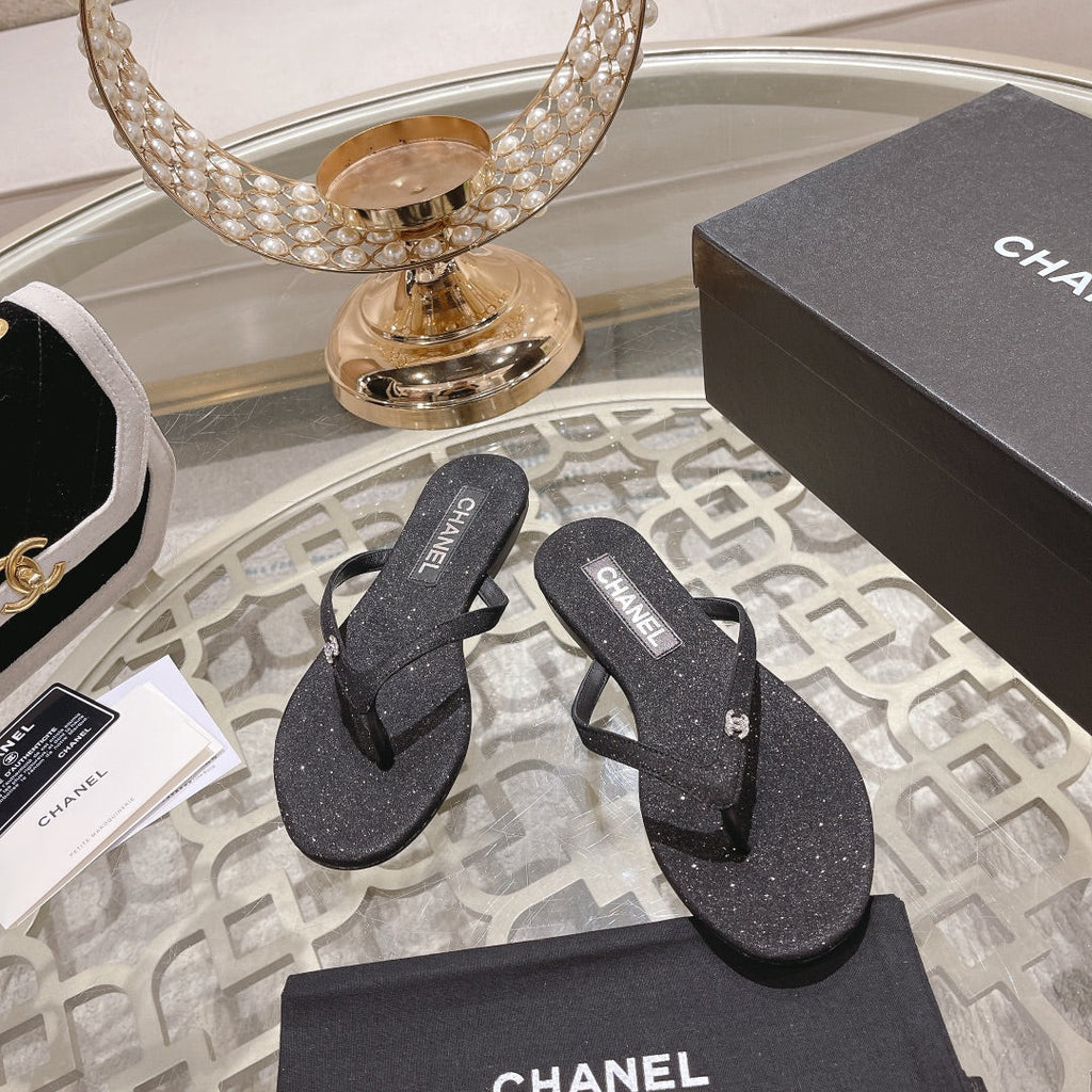 CHANEL Double  Rhinestone Flip  Flop Thongs Black Sheepskin