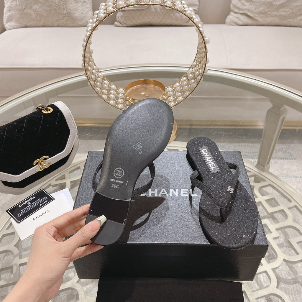 CHANEL Double  Rhinestone Flip  Flop Thongs Black Sheepskin
