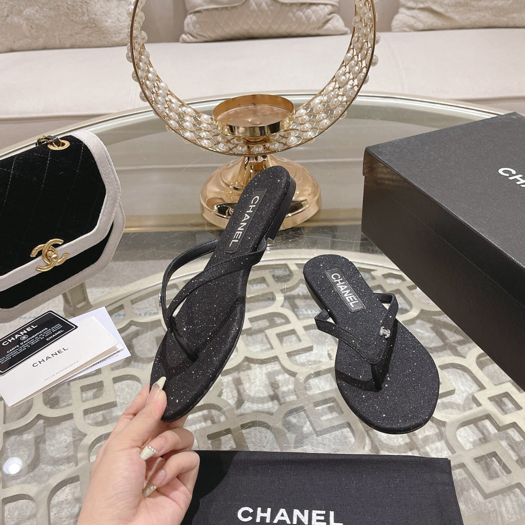 CHANEL Double  Rhinestone Flip  Flop Thongs Black Sheepskin