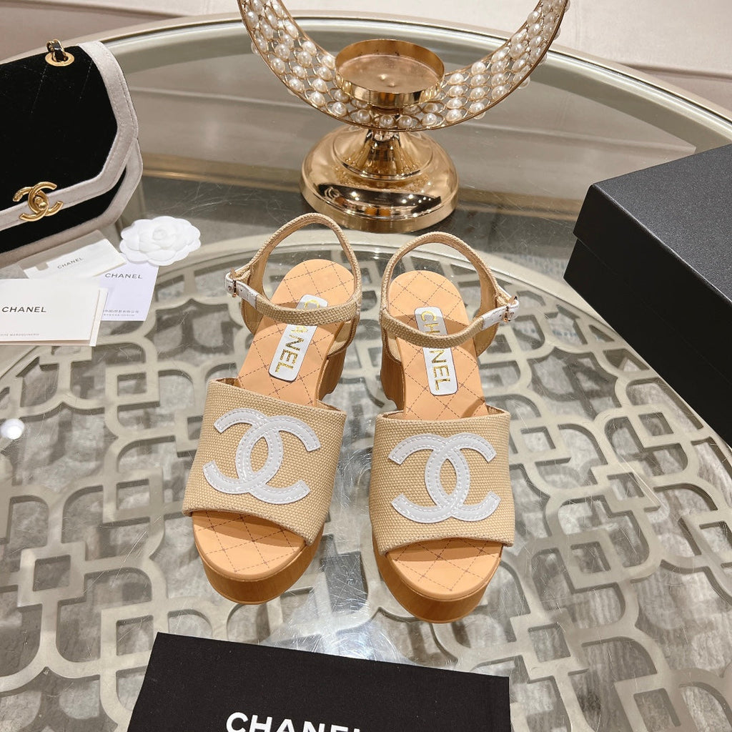 CHANEL WEDGE SANDALS IN BEIGE CREAM LAMBSKIN WITH WHITE LOGO