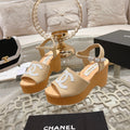 CHANEL WEDGE SANDALS IN BEIGE CREAM LAMBSKIN WITH WHITE LOGO