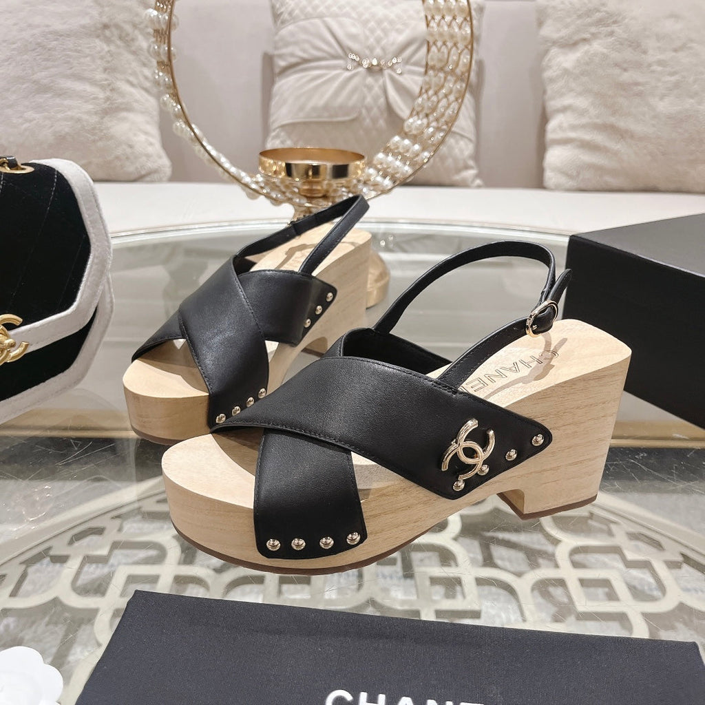CHANEL Double   Wood Grain Platform Sandals Black Sheepskeen