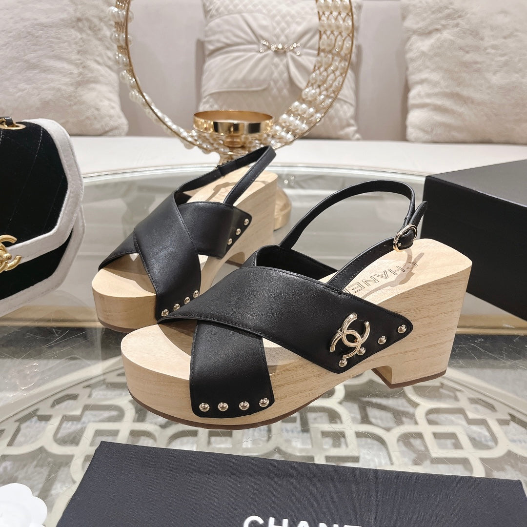CHANEL Double   Wood Grain Platform Sandals Black Sheepskeen
