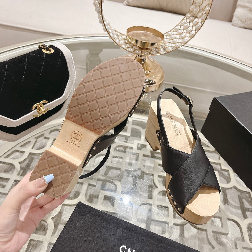 CHANEL Double   Wood Grain Platform Sandals Black Sheepskeen