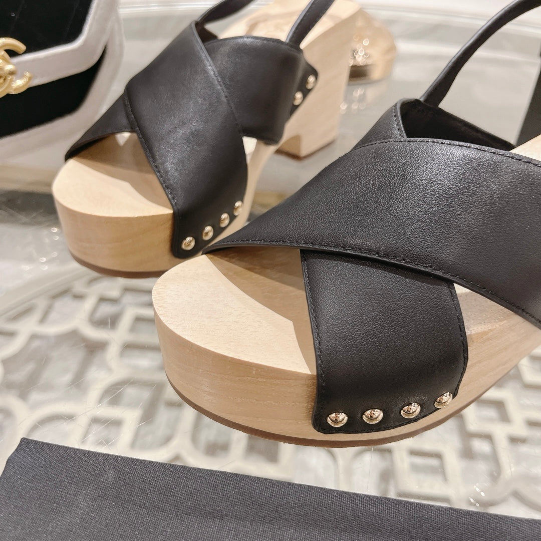 CHANEL Double   Wood Grain Platform Sandals Black Sheepskeen