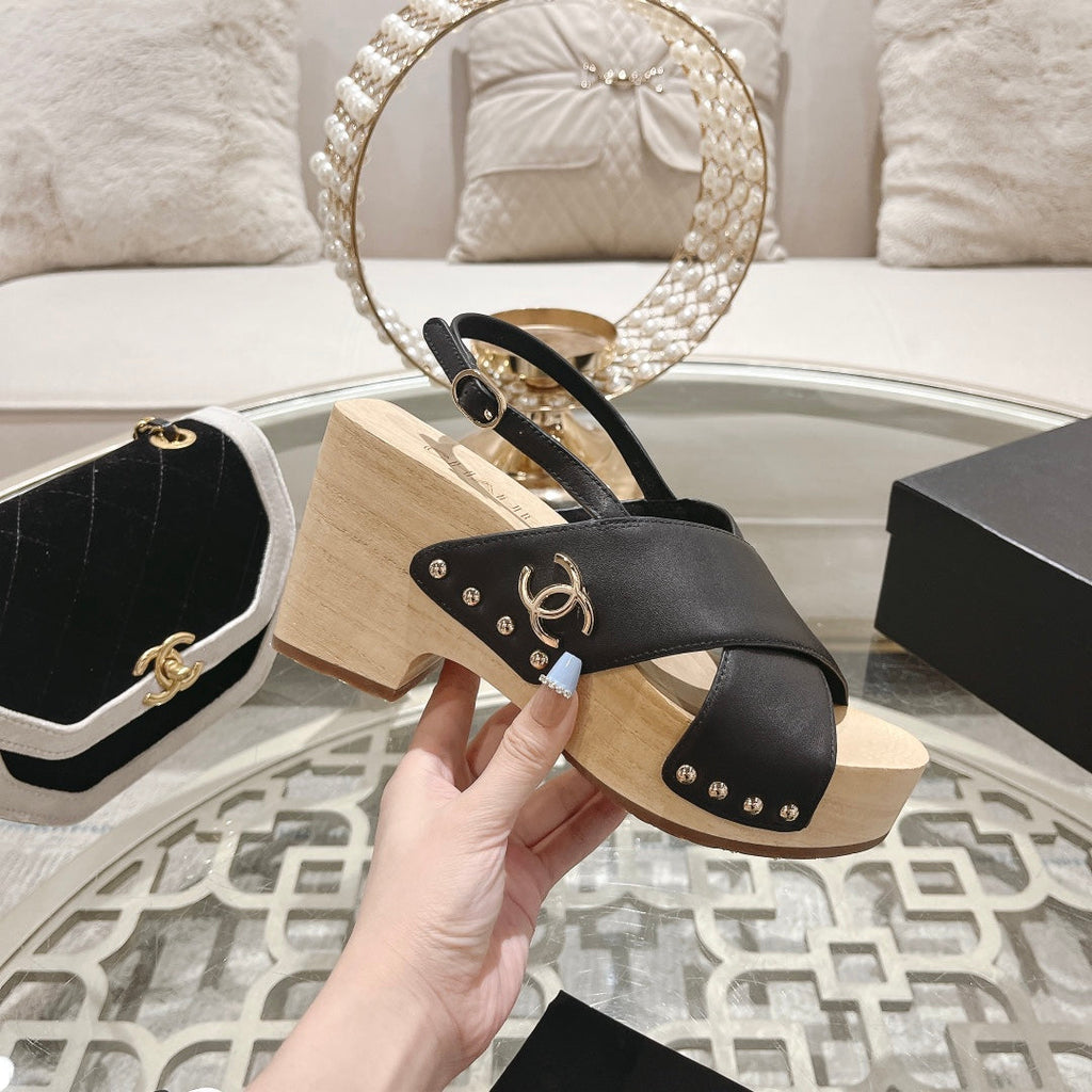 CHANEL Double   Wood Grain Platform Sandals Black Sheepskeen