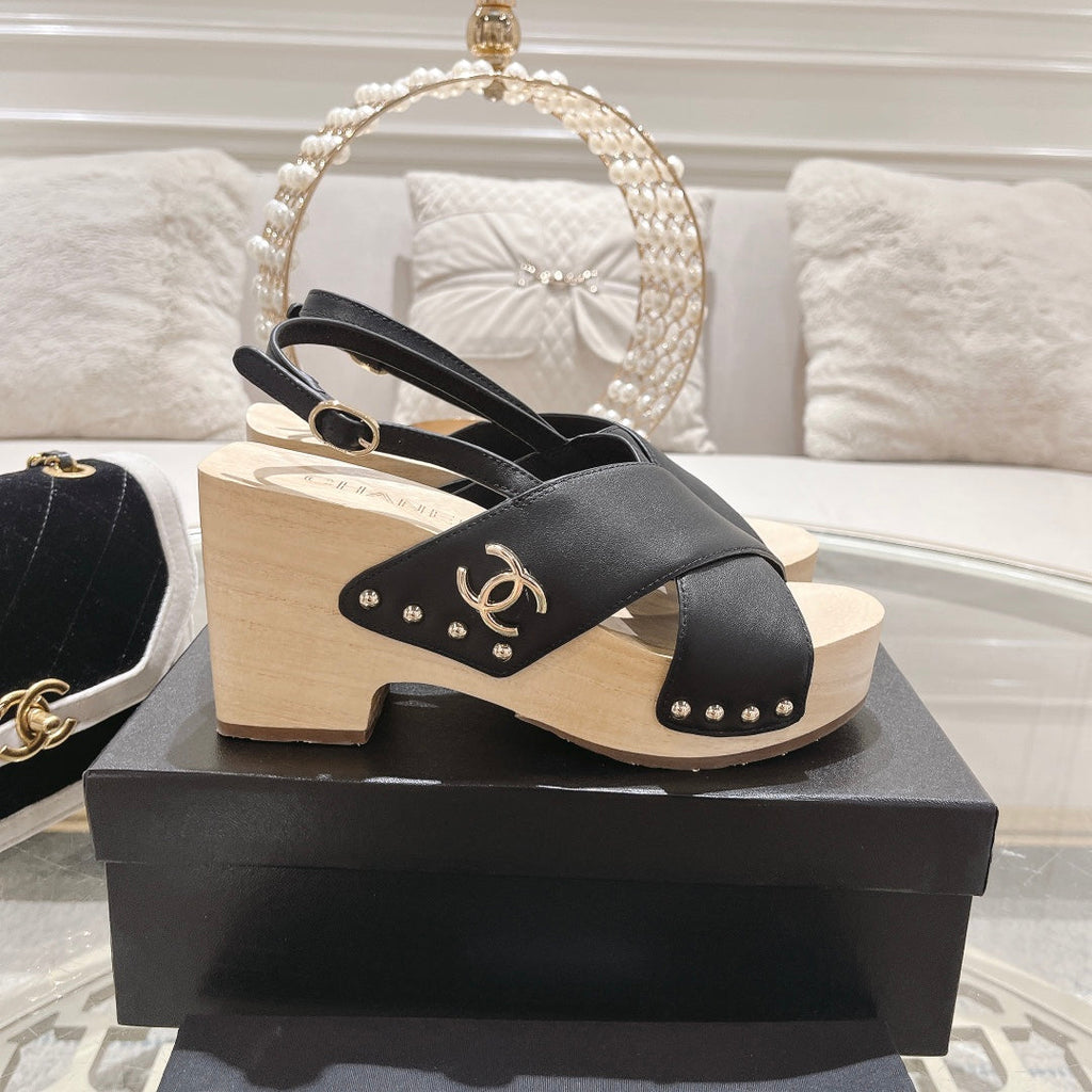 CHANEL Double   Wood Grain Platform Sandals Black Sheepskeen