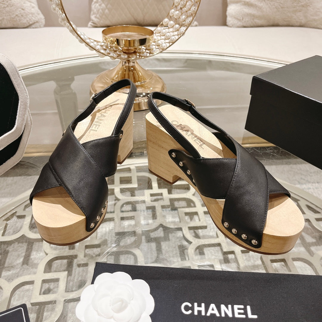 CHANEL Double   Wood Grain Platform Sandals Black Sheepskeen