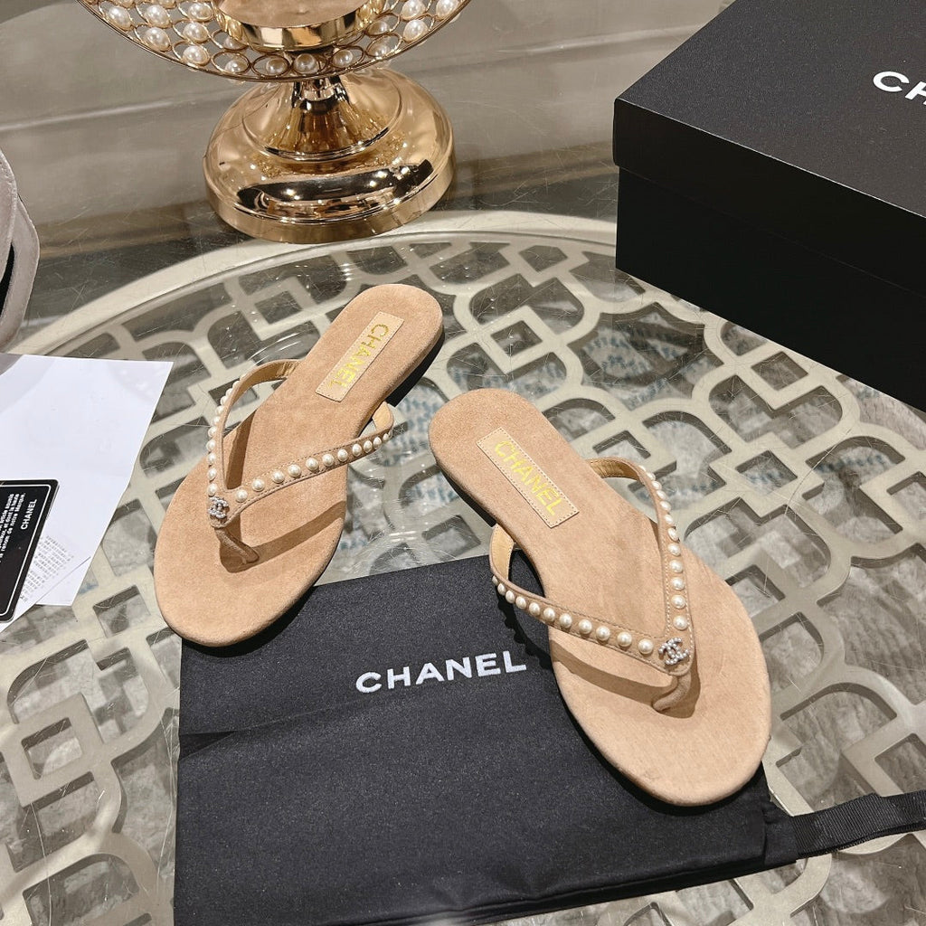 CHANEL PEARL THONG SANDAL IN SEPIA TAN SUEDE