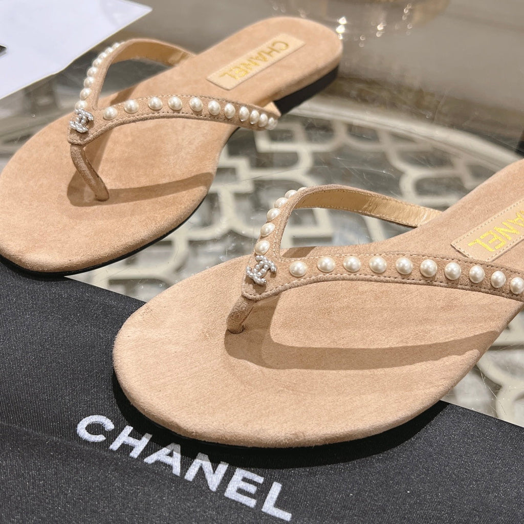 CHANEL PEARL THONG SANDAL IN SEPIA TAN SUEDE