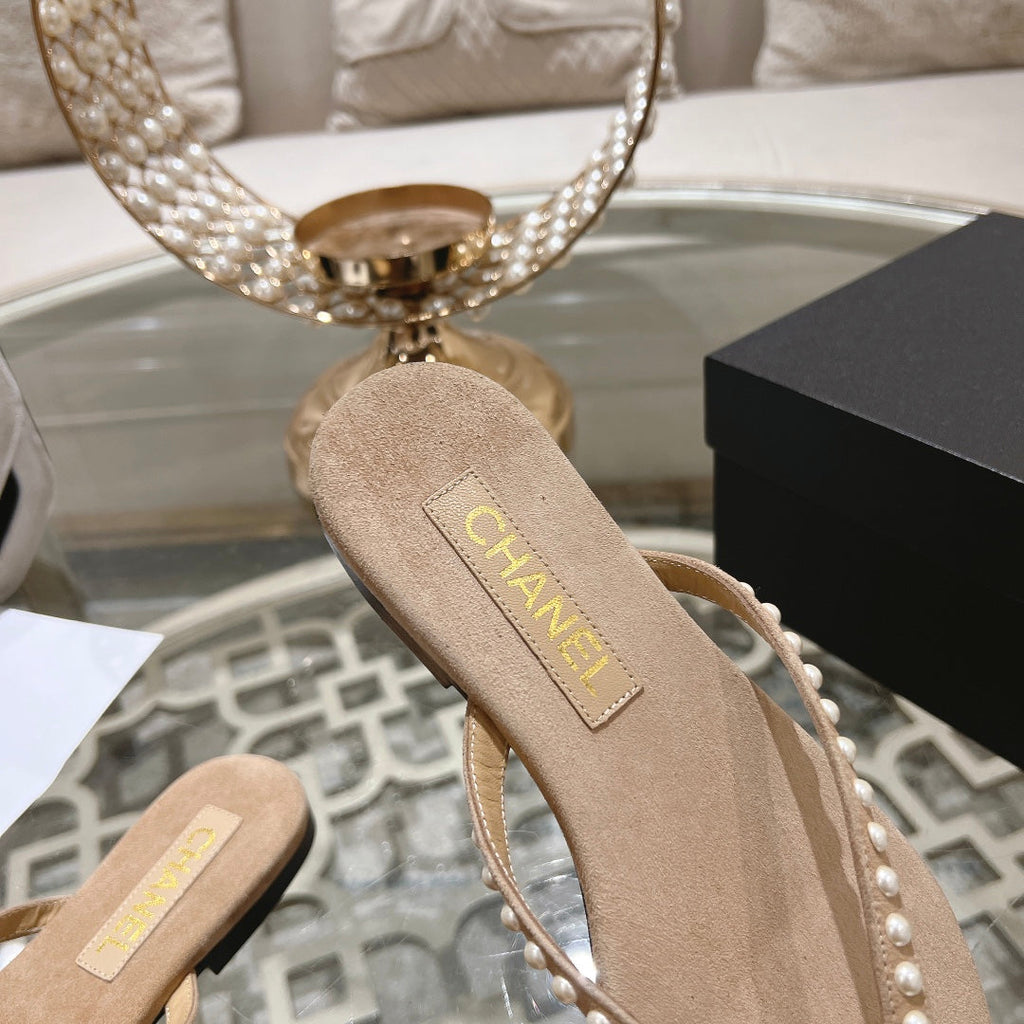 CHANEL PEARL THONG SANDAL IN SEPIA TAN SUEDE
