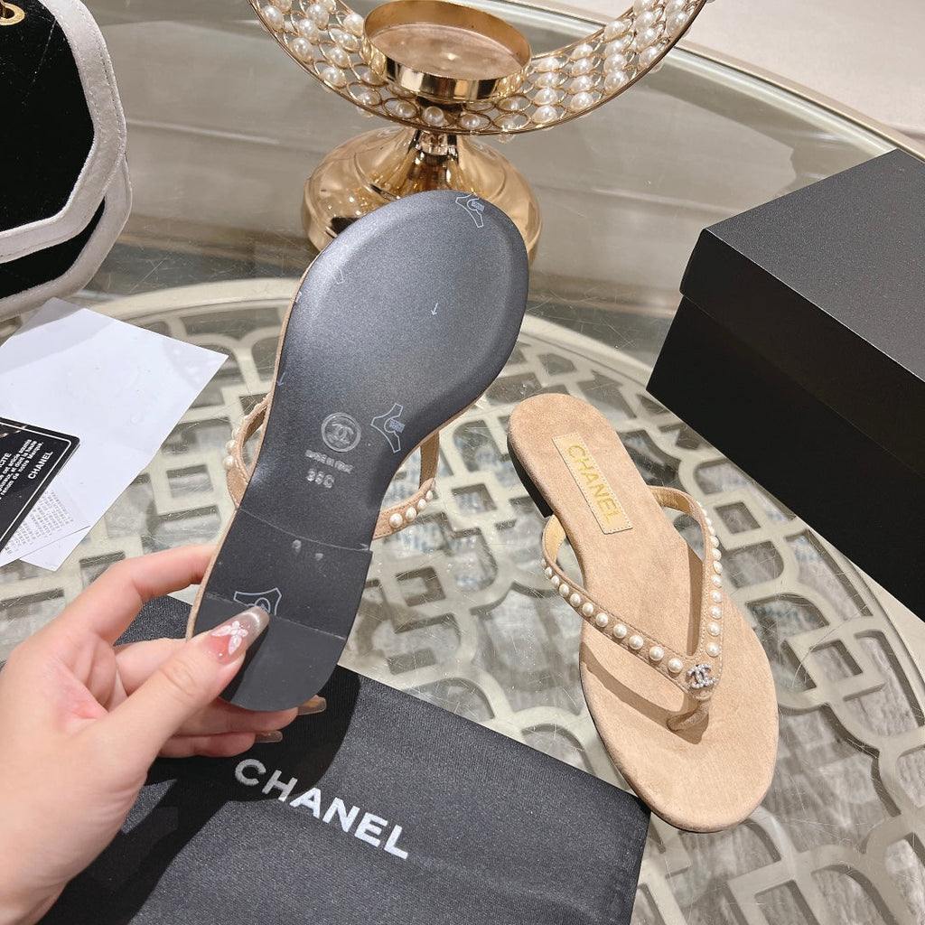 CHANEL PEARL THONG SANDAL IN SEPIA TAN SUEDE
