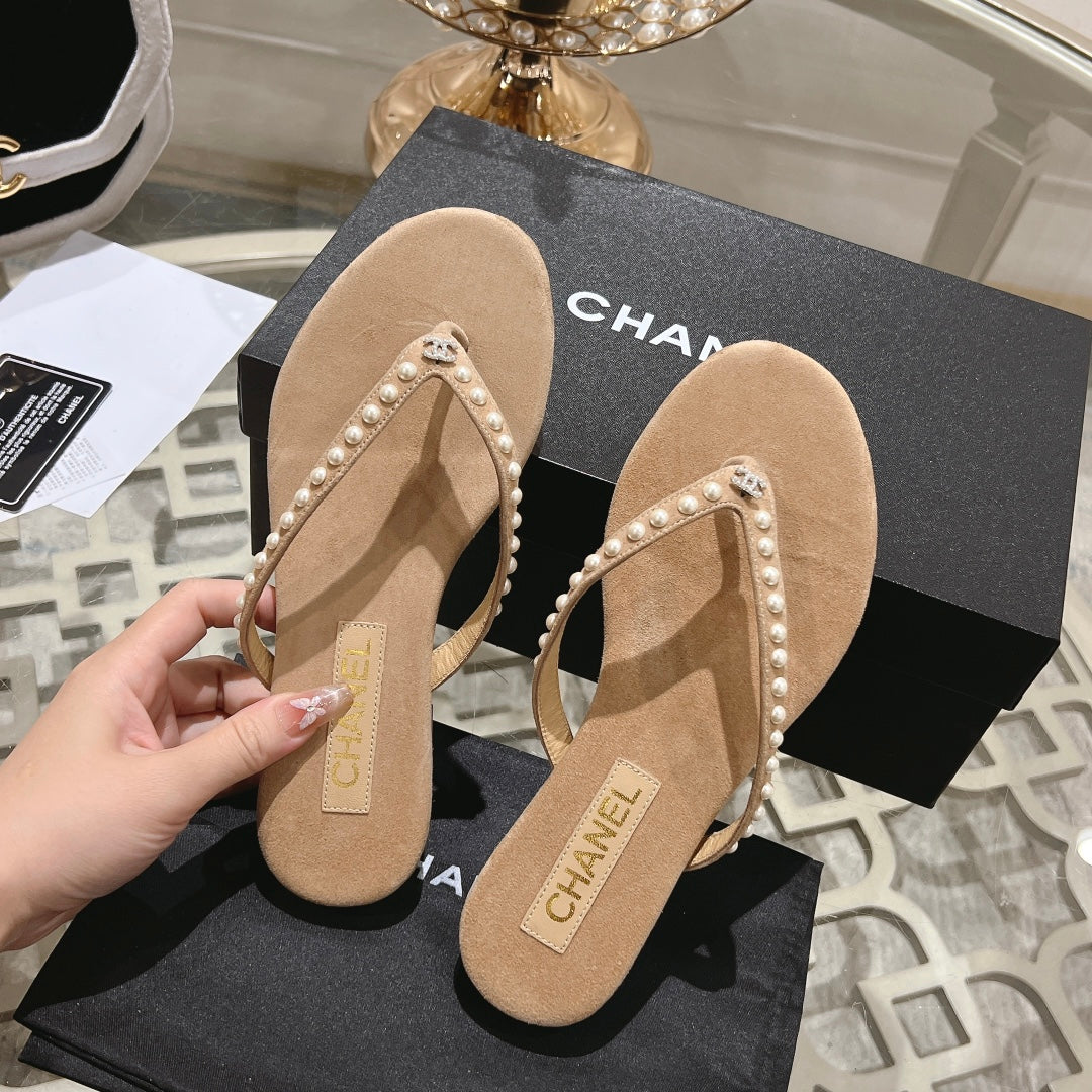 CHANEL PEARL THONG SANDAL IN SEPIA TAN SUEDE
