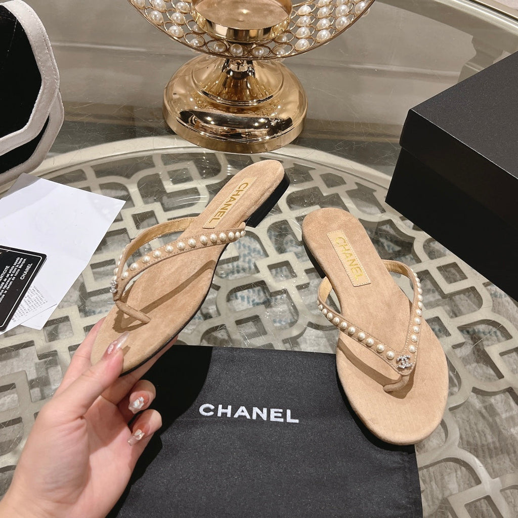 CHANEL PEARL THONG SANDAL IN SEPIA TAN SUEDE