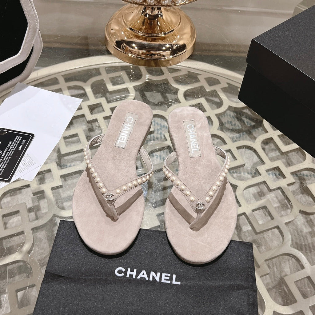 CHANEL PEARL THONG SANDAL IN PALE PINK SUEDE