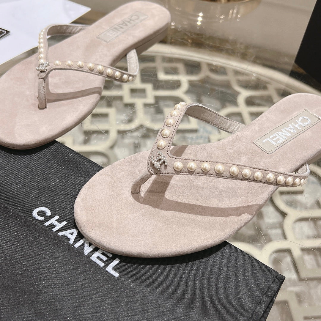 CHANEL PEARL THONG SANDAL IN PALE PINK SUEDE