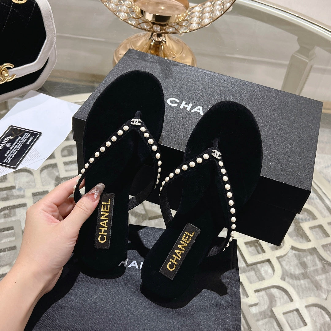 CHANEL PEARL THONG SANDAL IN BLACK SUEDE