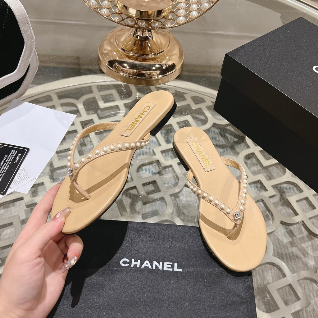 CHANEL PEARL THONG SANDAL IN SEPIA TAN LAMBSKIN