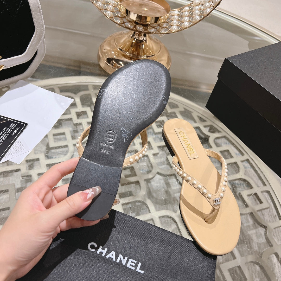 CHANEL PEARL THONG SANDAL IN SEPIA TAN LAMBSKIN