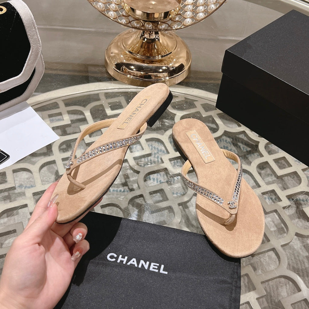 CHANEL RHINESTONES THONG SANDAL IN SEPIA TAN SUEDE