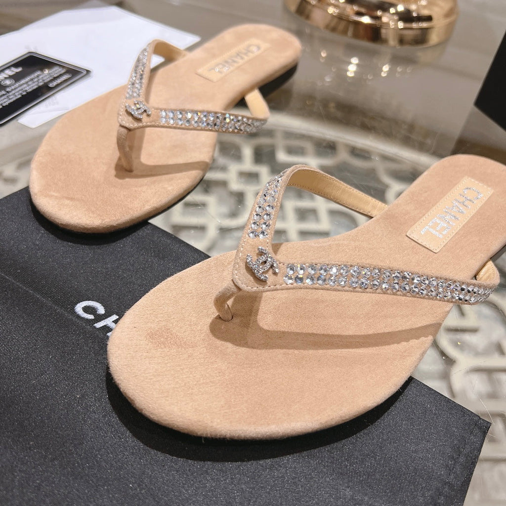CHANEL RHINESTONES THONG SANDAL IN SEPIA TAN SUEDE