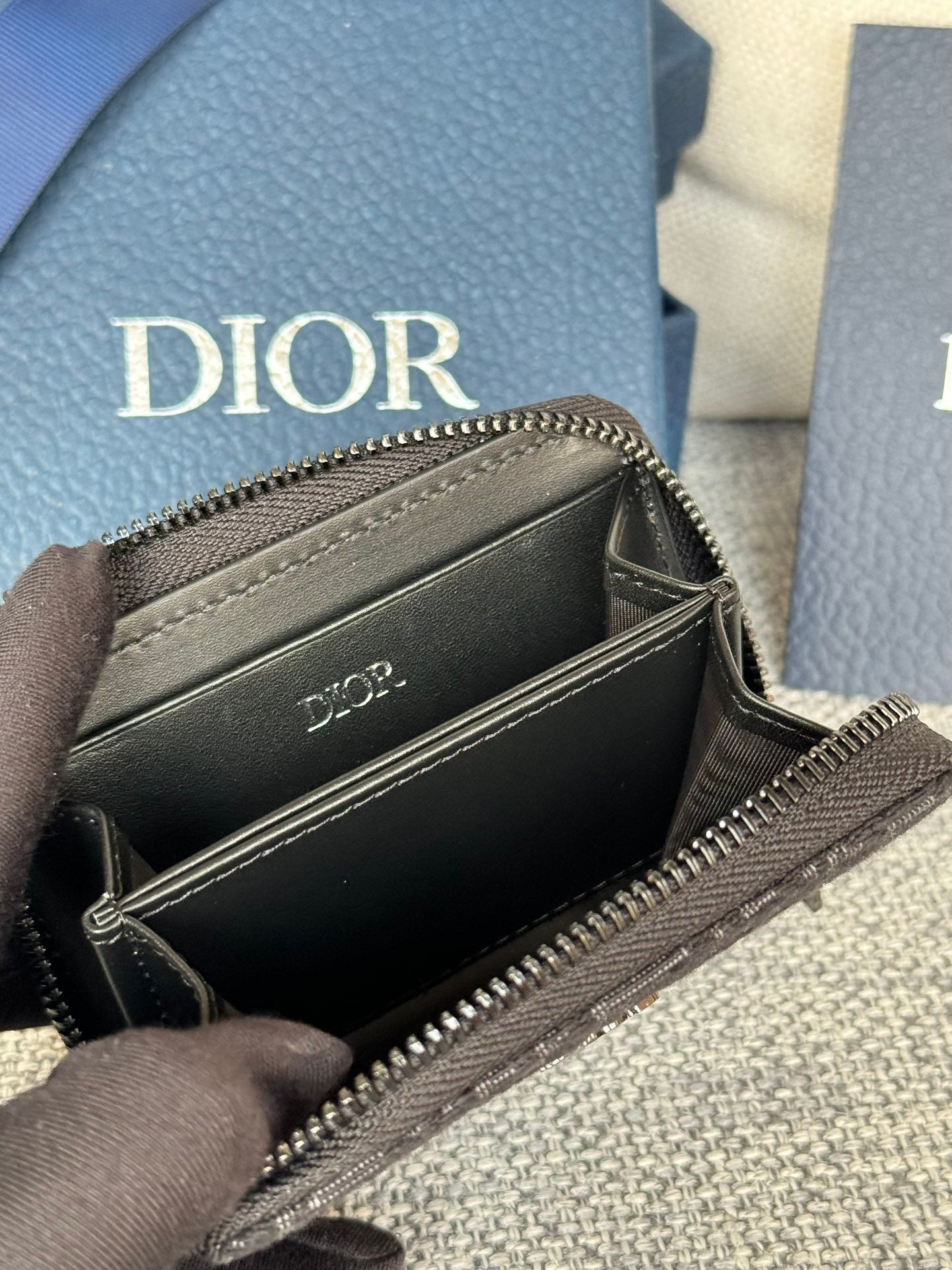 DIOR ZIPPED MINI WALLET 10 IN BLACK MONOGRAM OBLIQUE JACQUARD