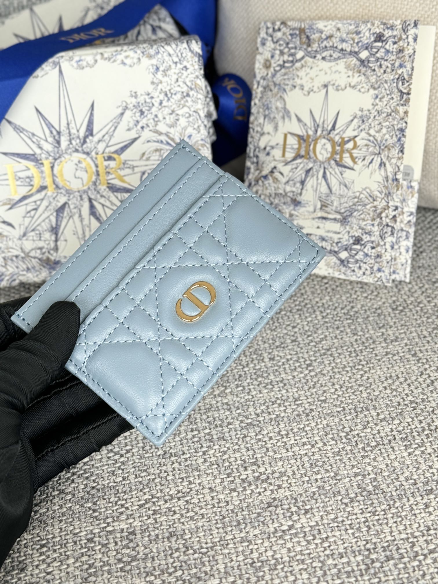 DIOR CARO FREESIA CARD HOLDER 10 IN BABY BLUE CANNAGE CALFSKIN