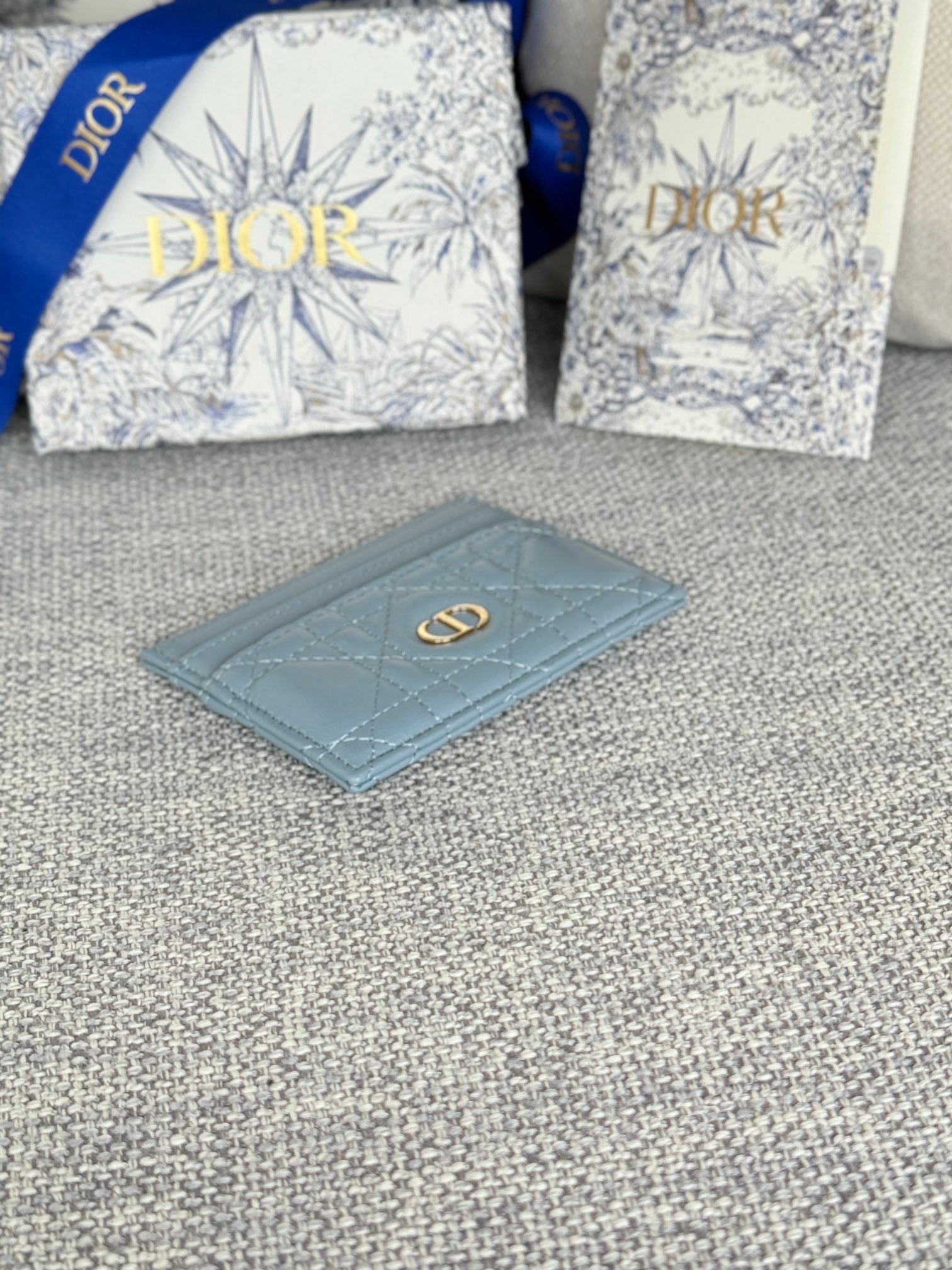 DIOR CARO FREESIA CARD HOLDER 10 IN BABY BLUE CANNAGE CALFSKIN