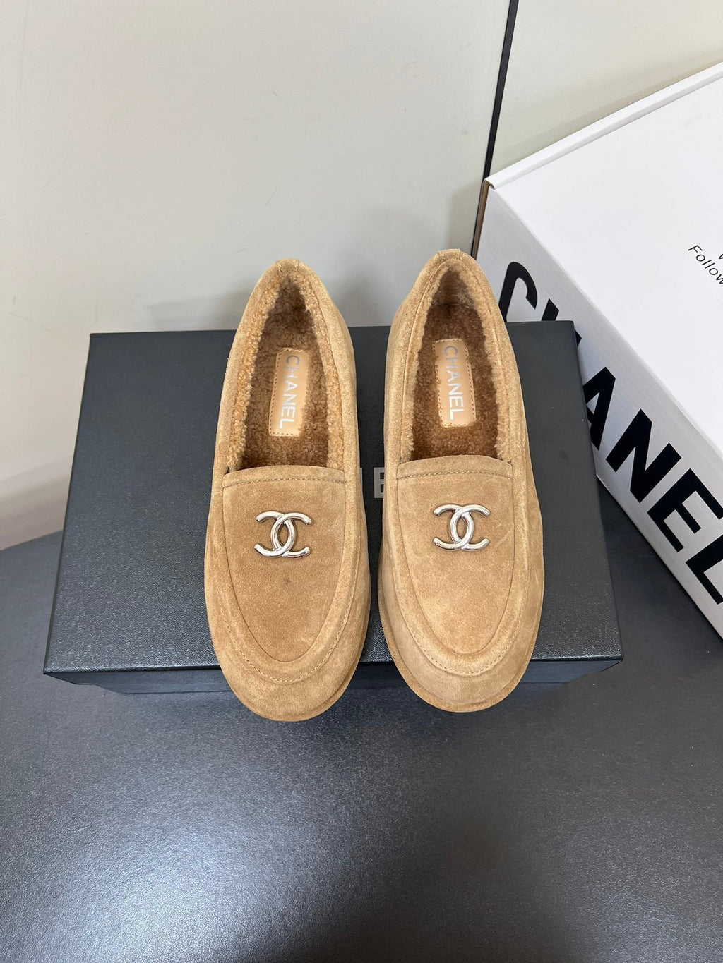CHANEL LOAFER IN SEPIA TAN SUEDE AND SOLF FLEECE LINING
