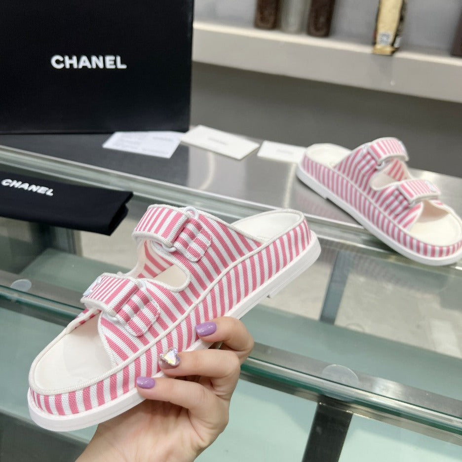 CHANEL Stripes Casual  Flat Sandals Light Pink White