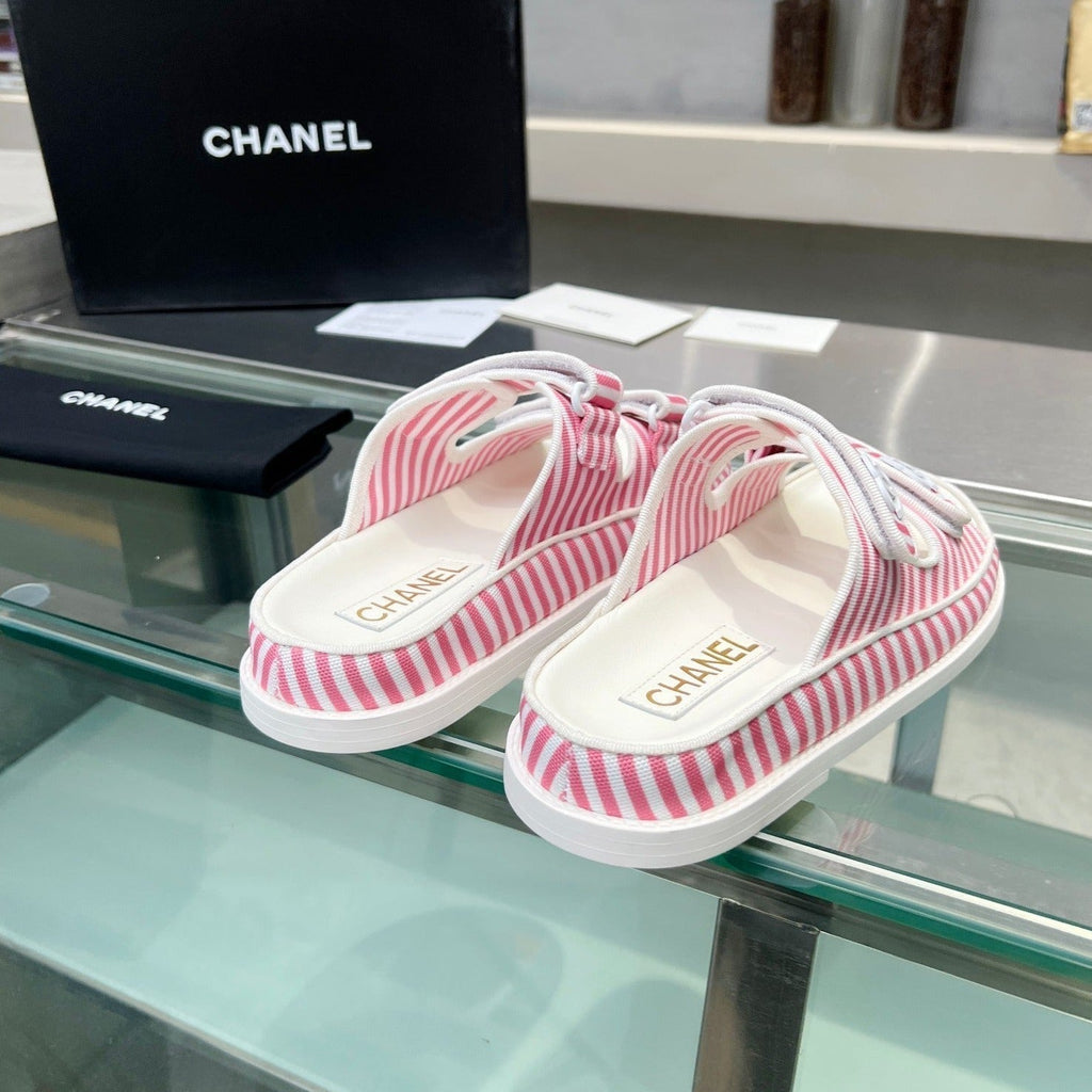 CHANEL Stripes Casual  Flat Sandals Light Pink White