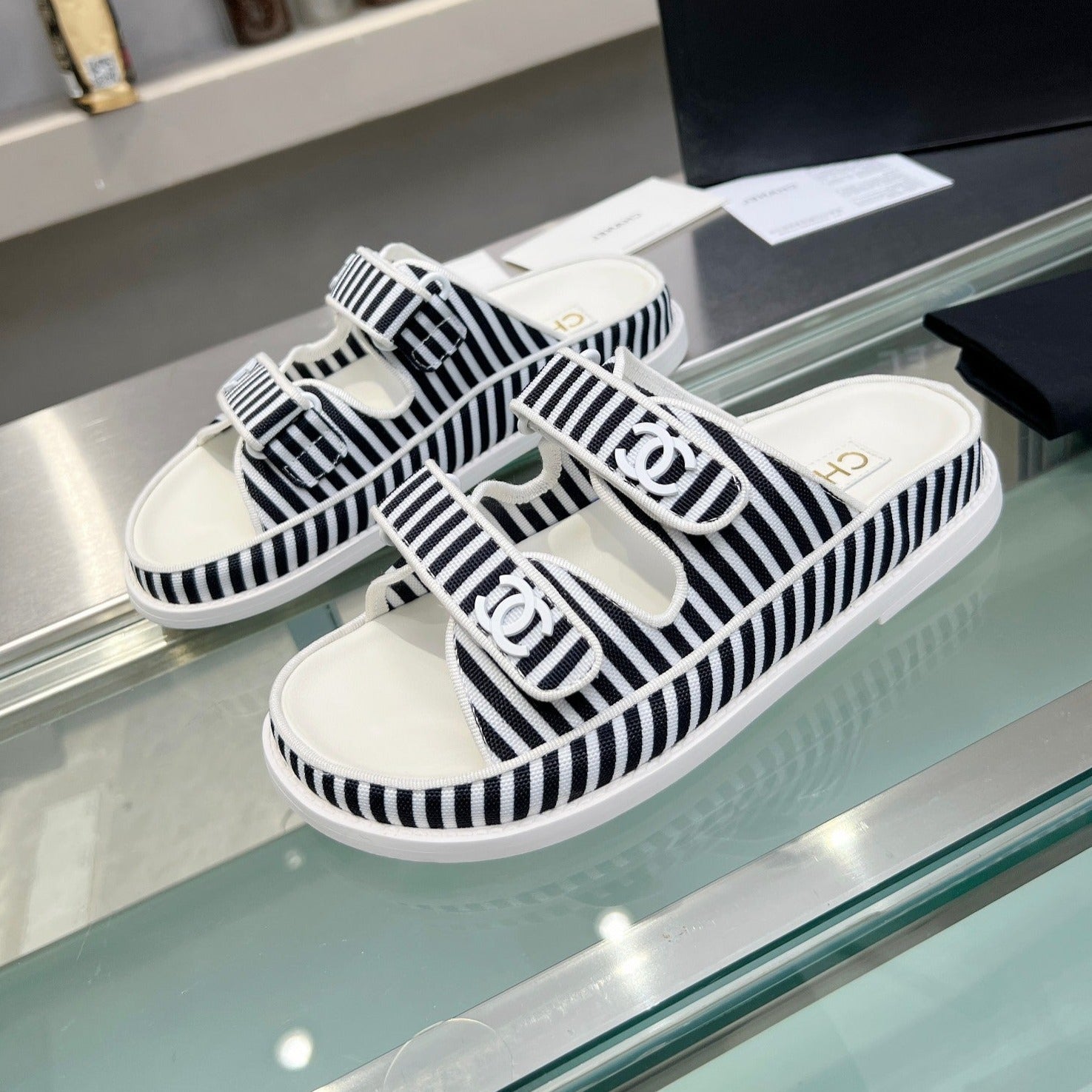 CHANEL Women's Stripes Casual  Flat Sandals Black White