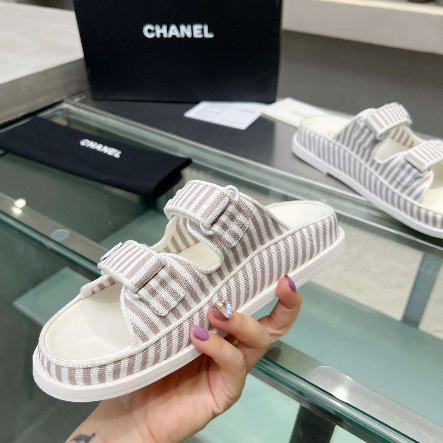 CHANEL Stripes Casual  Flat Sandals Gray White