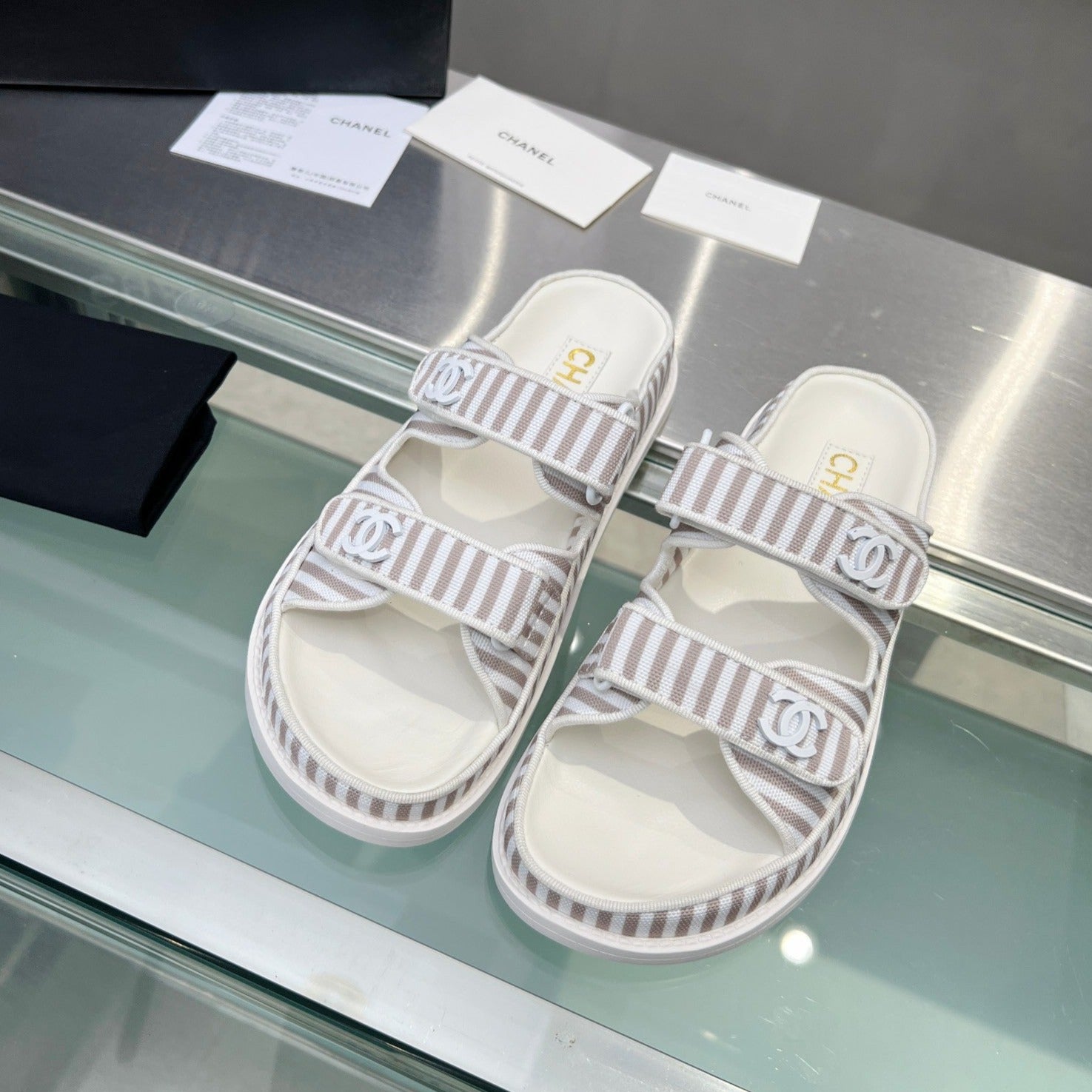 CHANEL Stripes Casual  Flat Sandals Gray White