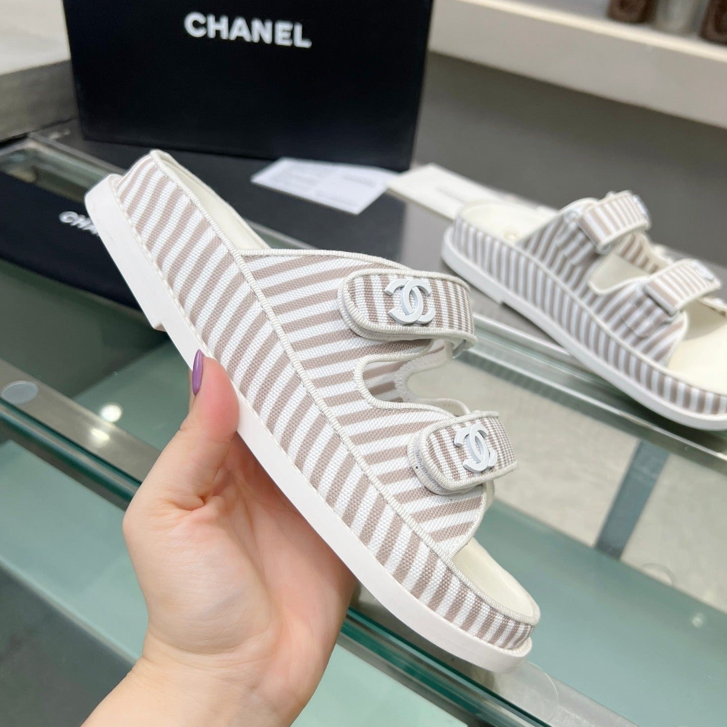 CHANEL Stripes Casual  Flat Sandals Gray White