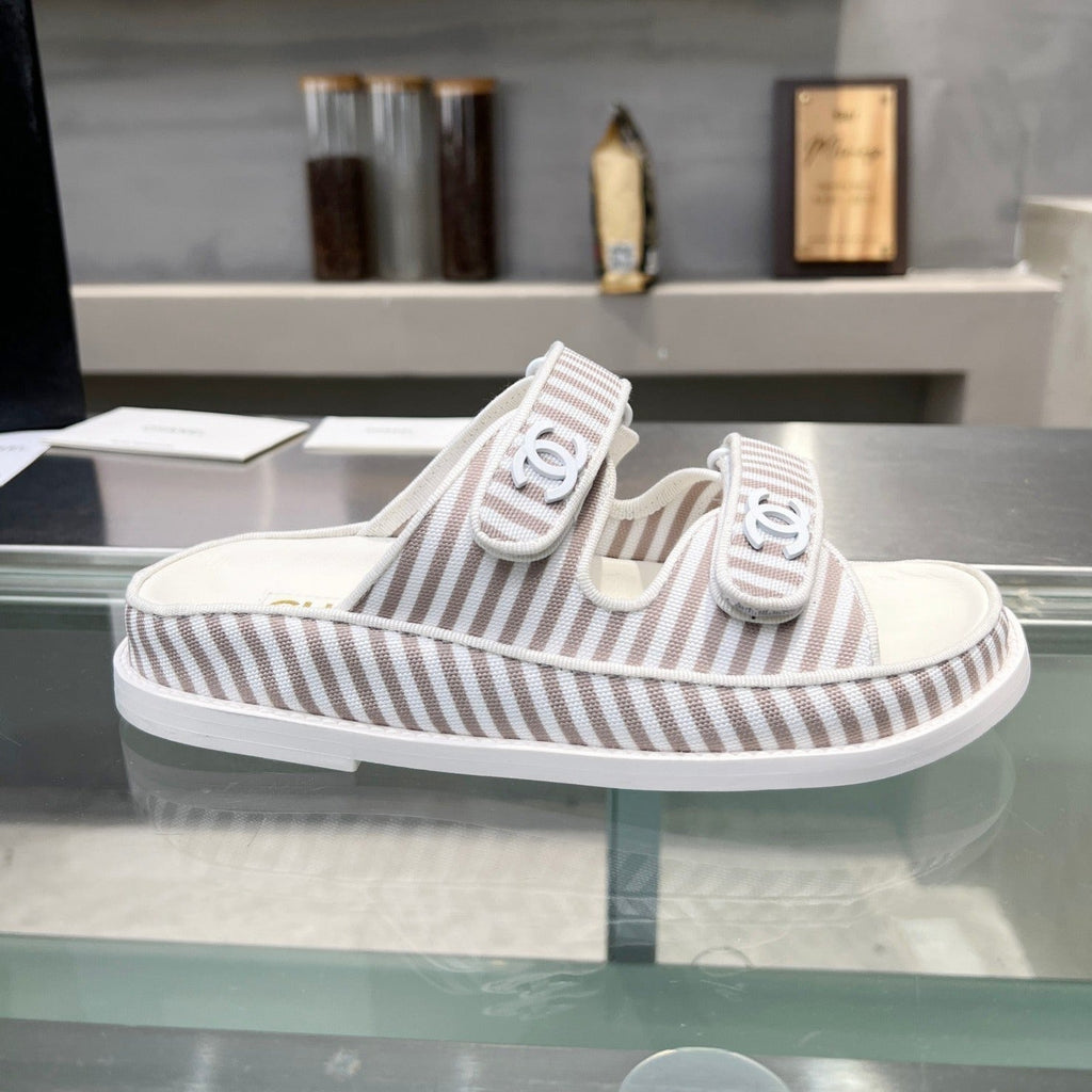 CHANEL Stripes Casual  Flat Sandals Gray White